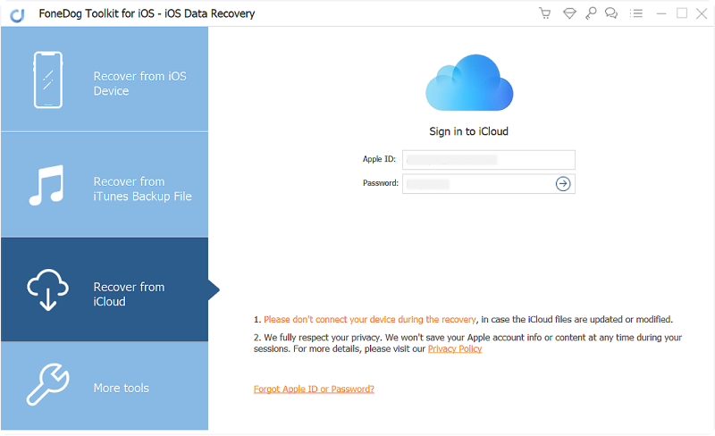 Uruchom FoneDog Toolkit - odzyskiwanie danych iOS i zaloguj się do iCloud