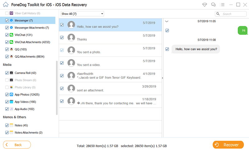 Użyj odzyskiwania danych FoneDog iOS, aby zobaczyć usunięte wiadomości na Messengerze