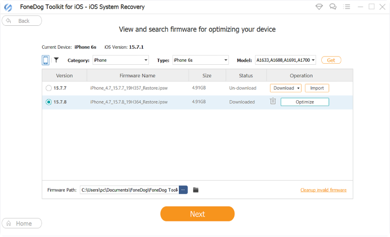 Select the iOS Device Model and Download the iOS Firmware