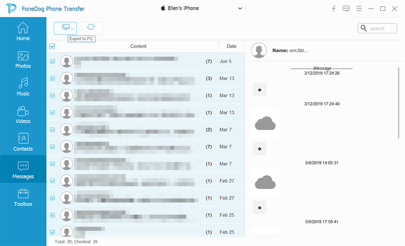 Eksportuj rozmowę iMessage i przenieś ją na inne urządzenie: Transfer telefonu FoneDog - Eksportuj