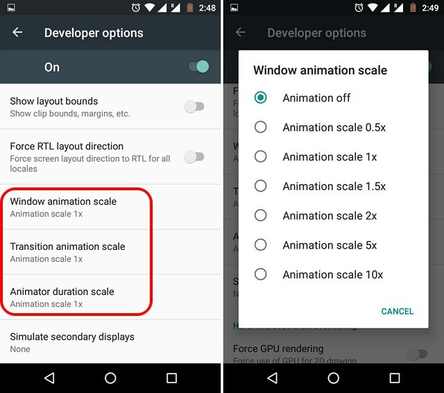 Android Wyłącz animację