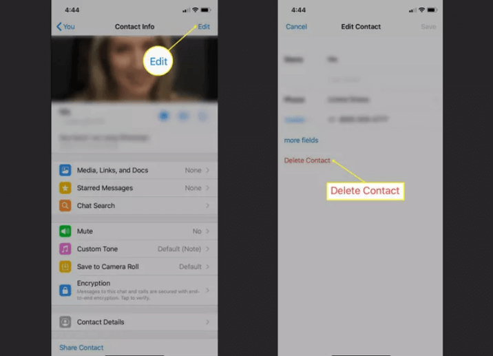 Stuknij Usuń kontakt, aby usunąć kontakt WhatsApp z iPhone'a