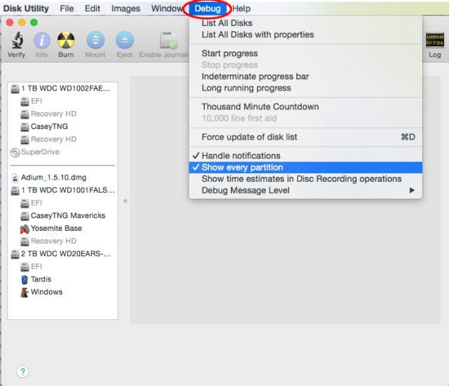 Menu debugowania (OS X Yosemite)