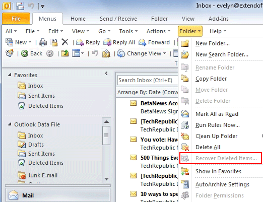Odzyskaj usunięte wiadomości e-mail Outlook 2010