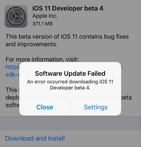 Aktualizacja oprogramowania iOS nie powiodła się