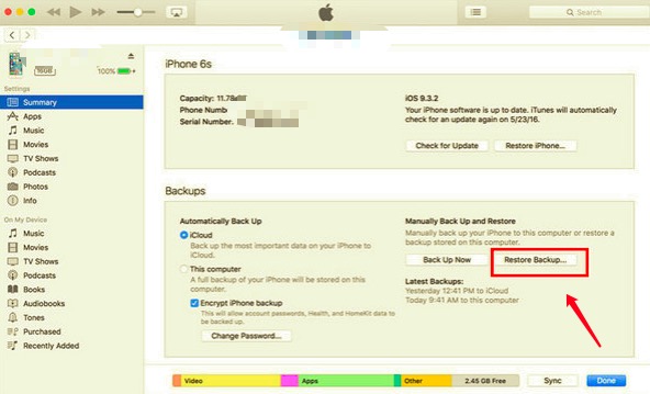 Przywróć kopię zapasową iTunes, aby odblokować iPhone'a 6 bez utraty danych