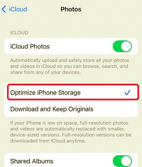 Włącz Optymalizuj pamięć iPhone'a, aby naprawić iPhone'a, który mówi, że nie mam problemu z pamięcią masową