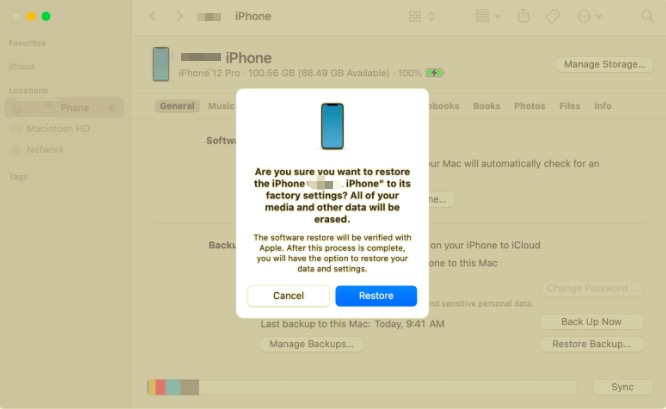 Wymaż iPhone'a bez Apple ID w Finderze