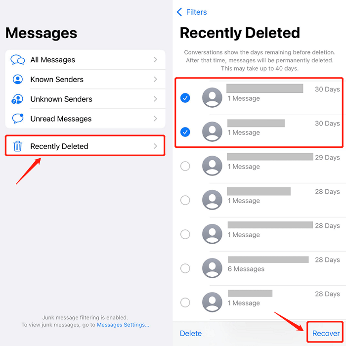 Znajdź usunięte wiadomości na iPhonie w folderze Ostatnio usunięte