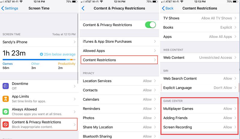 Włącz ograniczenia, ograniczając Game Center