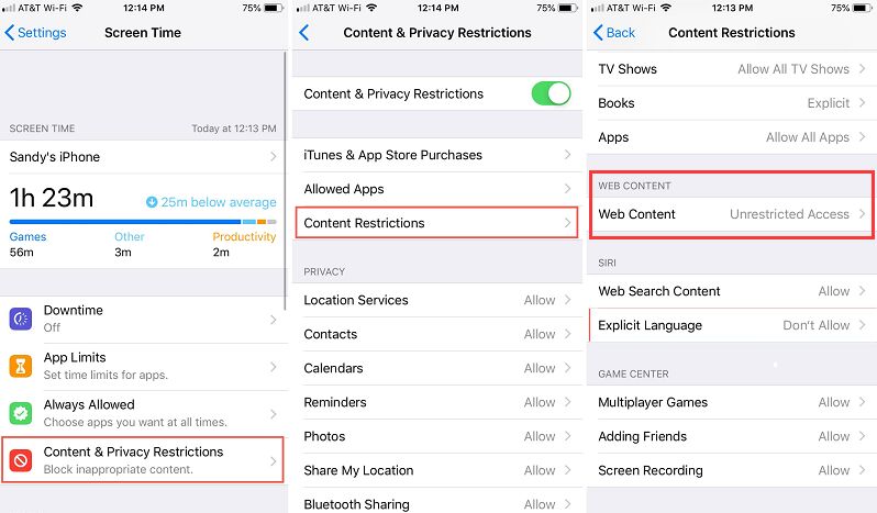 Włącz ograniczenia przez ograniczenie treści internetowych