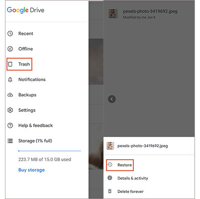 Zobacz Ostatnio usunięte zdjęcia przy użyciu kosza na Dysku Google