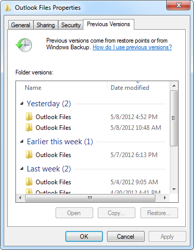 Przywróć poprzednią wersję, aby odzyskać usunięte pliki PST w programie Outlook