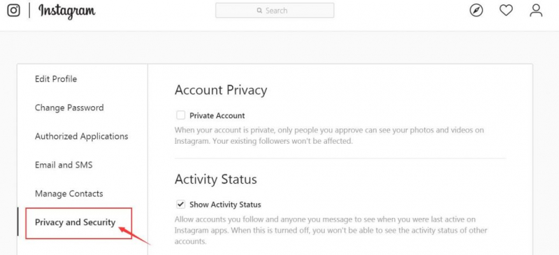Kliknij Prywatność i bezpieczeństwo, aby wykonać odzyskiwanie wiadomości na Instagramie