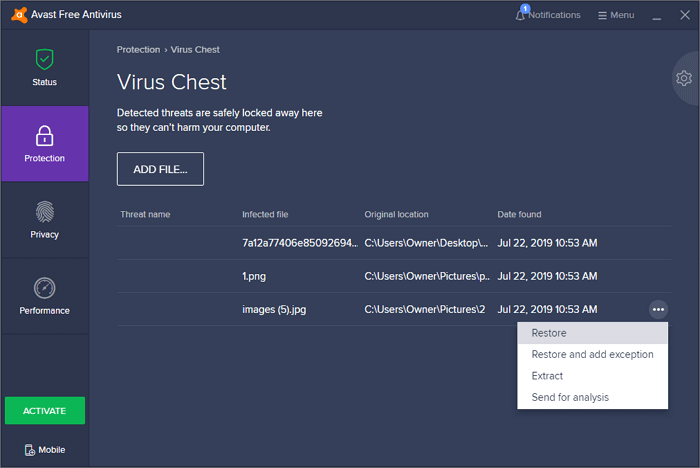 Przywróć plik, aby odzyskać pliki usunięte przez Avast Antivirus