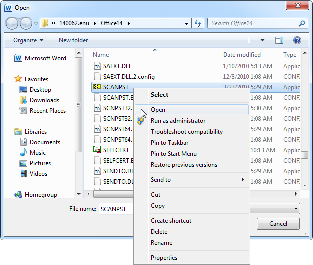 Otwórz Scanpst.exe za pomocą narzędzia do naprawy skrzynki odbiorczej