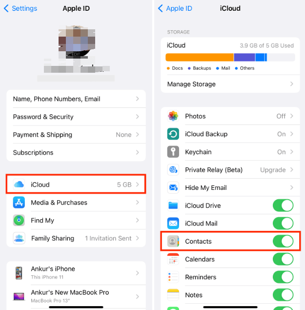 Wyłącz i włącz kontakty iCloud