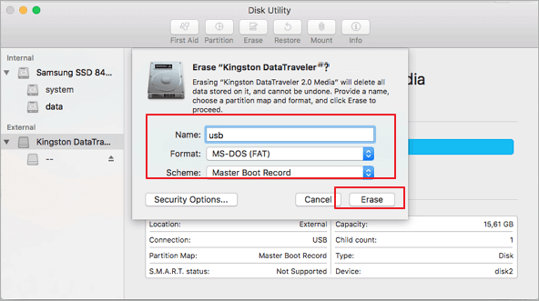 Użyj Narzędzia dyskowego do sformatowania USB na FAT32 na Macu