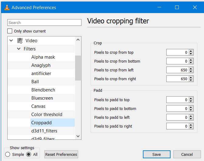 Wybierz Cropadd, aby przyciąć wideo za pomocą VLC
