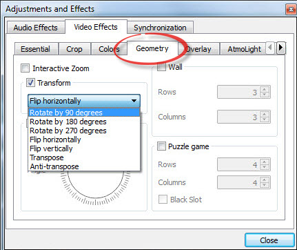 Wybierz geometrię do obrócenia w VLC Media Player