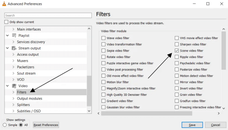Wybierz filtr scen, aby utworzyć przechwytywanie klatek wideo w VLC Media Player