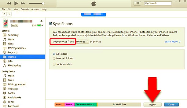 Przenieś zdjęcia z iPhone'a na dysk twardy za pomocą iTunes