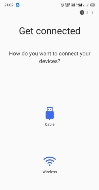 Wybierz, czy chcesz użyć kabla USB, czy transferu bezprzewodowego
