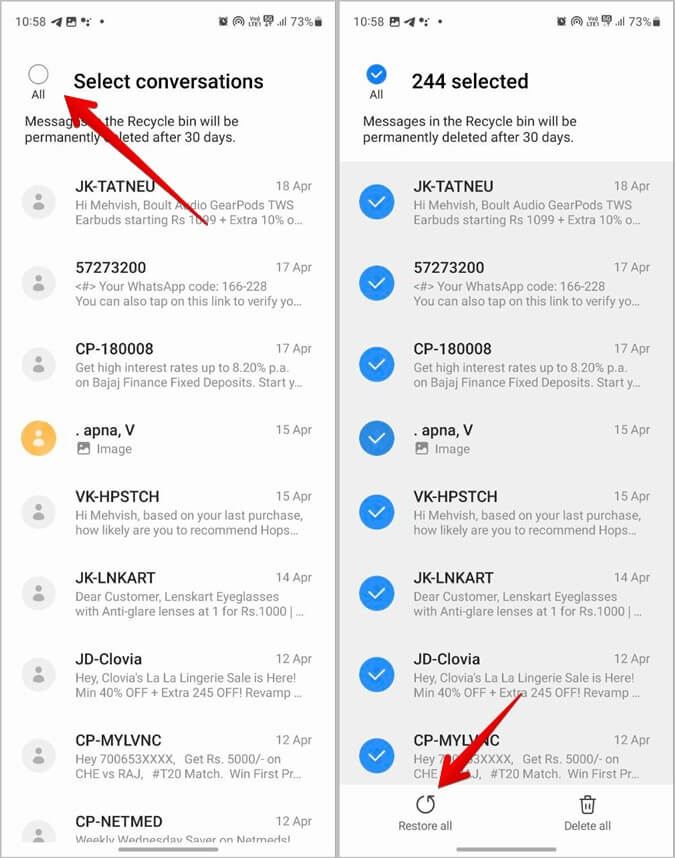 Odzyskaj usunięte wiadomości tekstowe na Samsungu za pomocą folderu ostatnio usuniętych wiadomości