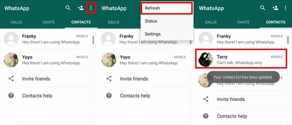Dodaj kontakty Whatsapp Odśwież kontakty
